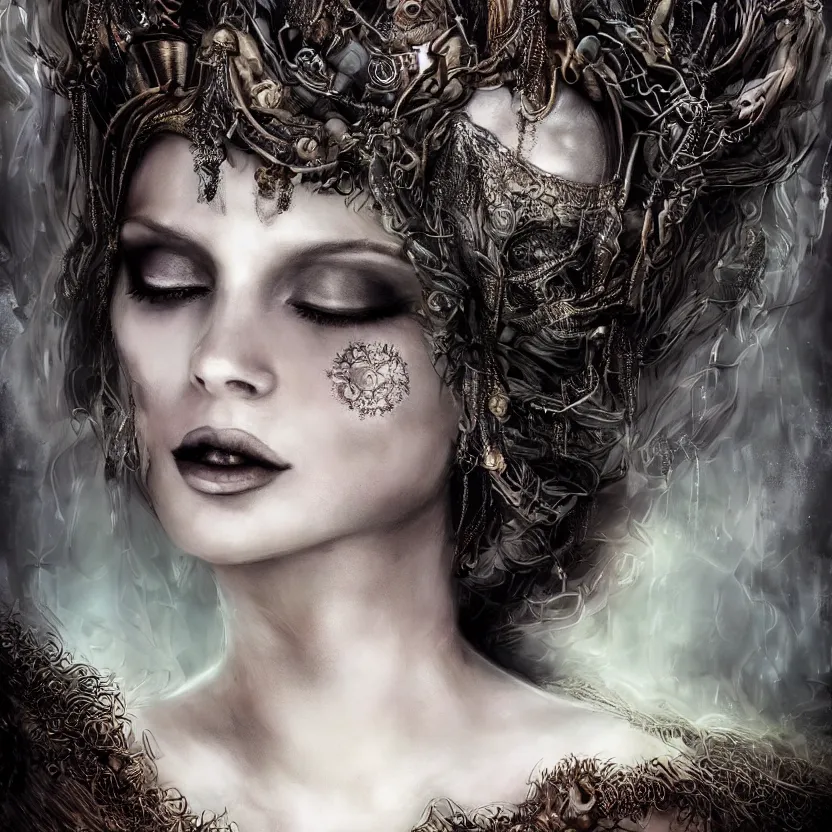 Image similar to mindblowing portrait of the enchantress queen, a stunning timeless beauty, breathtaking eyes, perfect skin, feathered eyelashes, royal gothic dress with a lot of leather, heavy silent hill aesthetic, incredibly intricate, digital art, blender, houdini & photoshop, very elegant & complex, hyper-maximalist, overdetailed, epic cinematic quality, biblical art lighting, photorealistic, lifelike, OLED, DSLR HDR 8k, face is the focus, facial feature symmetry, hyper composed, created by Nixeu & z--ed from deviantart