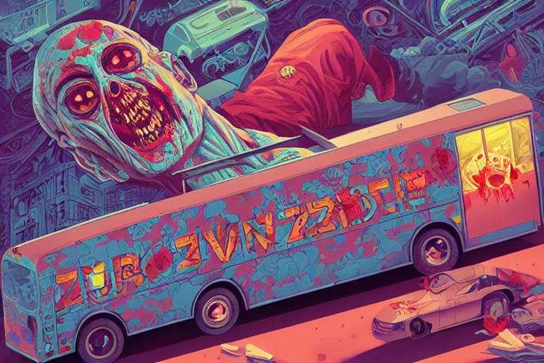 Prompt: a zombie drives a brain bus, tristan eaton, victo ngai, artgerm, rhads, ross draws