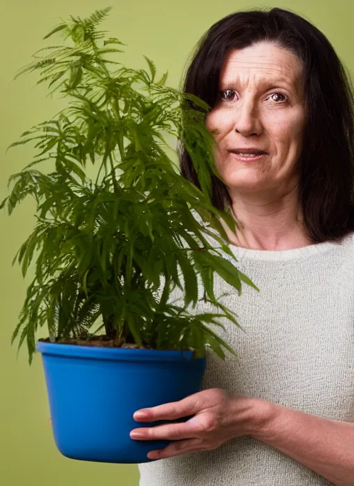 Prompt: portrait of a middle aged woman holding a plant pot