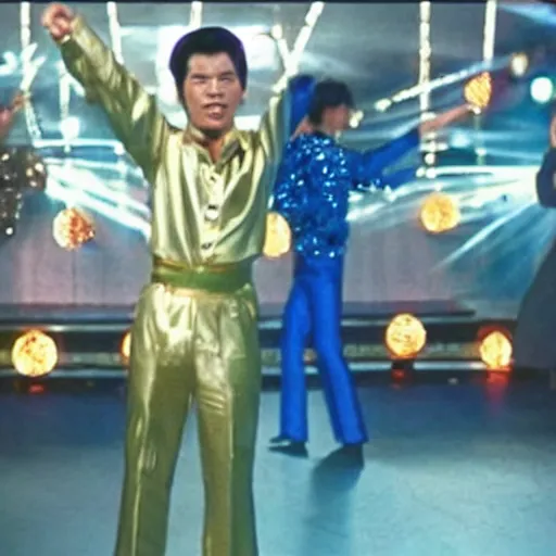 Prompt: A still of Ho Chin Minh wearing a disco suit in Saturday Night Fever