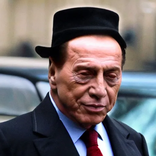 Image similar to Silvio Berlusconi with a blue NY hat and 16 cigarettes in his eyes, photo, paparazzi, hd, high quality