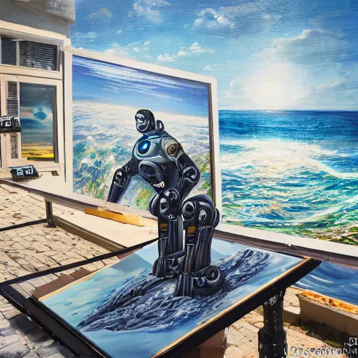 Image similar to an high resolution photo of a robot paiting a picture on a terrace over the see, hyper detailed, phoyography, realistic, art, 8 k, unreal engine, cinematic, shallow focus, f 2. 8 3 5 mm, kodak film, 3 5 mm film