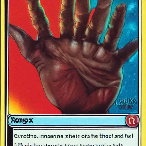 Prompt: Manos the hands of fate trading cards