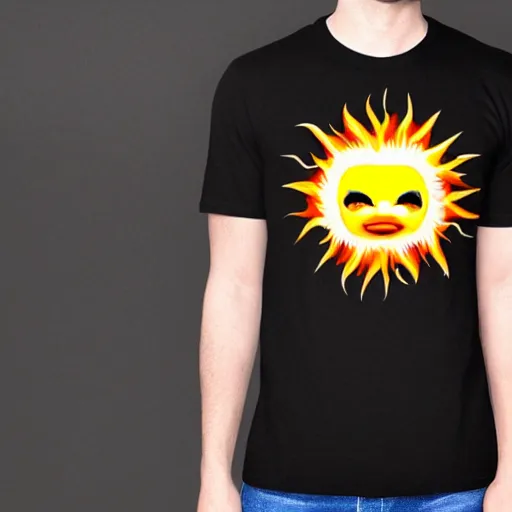 Prompt: realistic sun wearing a super hero shirt