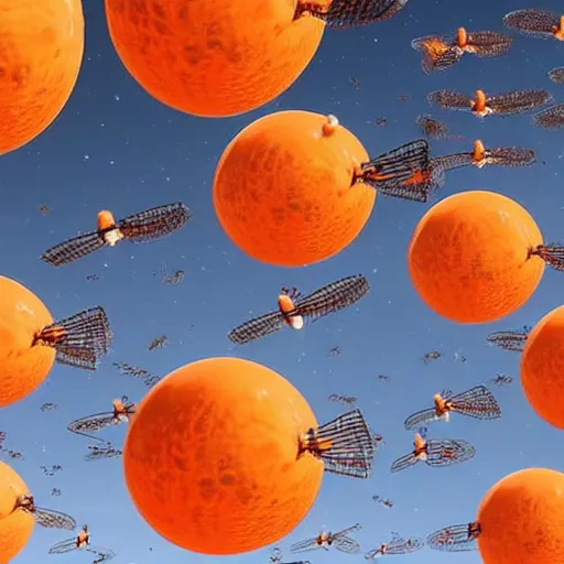 Prompt: a swarm of orange white quadcopters flies among big spherical buildings, moon colonial station, photorealistic, 2 0 2 2