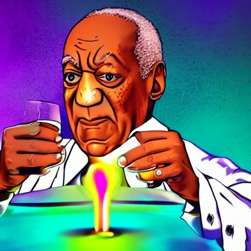 Image similar to Bill Cosby offering large glowing drink in nightclub background, colorful 16k hyper realistic illustration