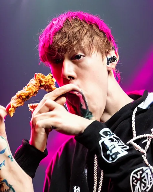 Image similar to “ extremely detailed photo of bladee eating kfc on stage at the drain gang concert ”