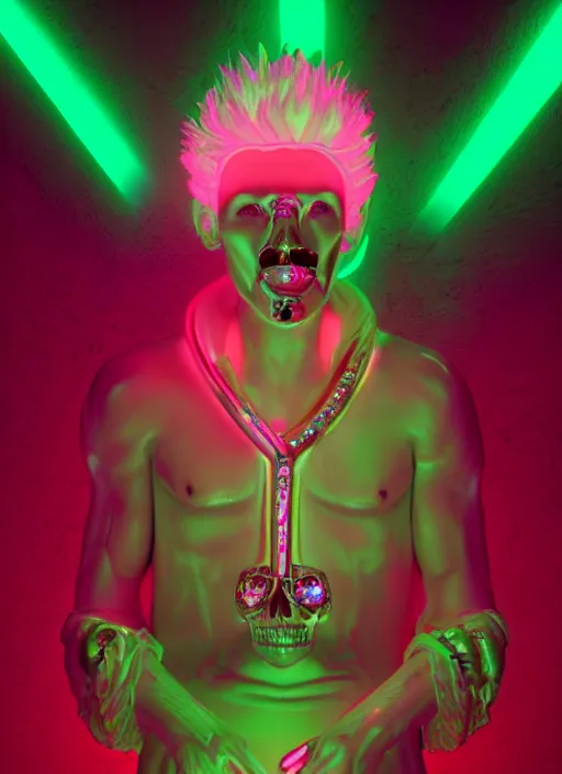 Prompt: photo of baroque and bladerunner delicate neon diamond sculpture of ceramic seductive albino prince oscar isaac delicious tongue sticking out, creamy pink iridescent humanoid deity wearing red furry hoody holding diamond skull in a green metallic dungeon, reclining, glowing rainbow face, crown of white diamonds, cinematic lighting, photorealistic, octane render 8 k depth of field 3 d