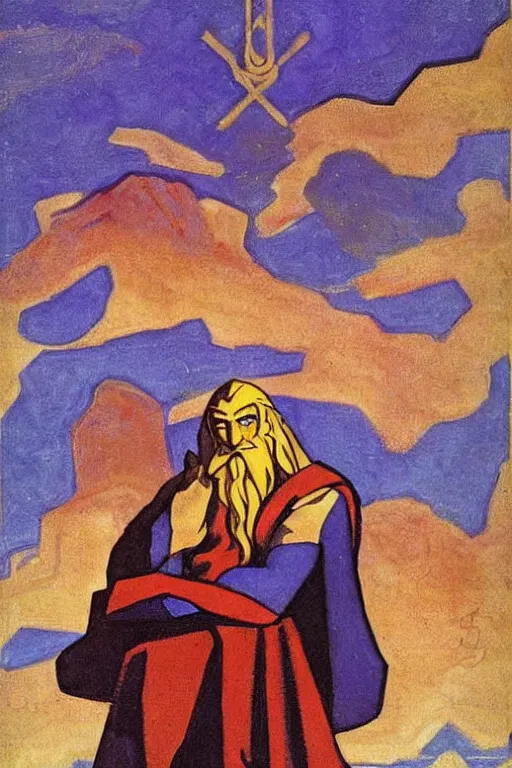 Image similar to thor, marvel, artwork by nicholas roerich,