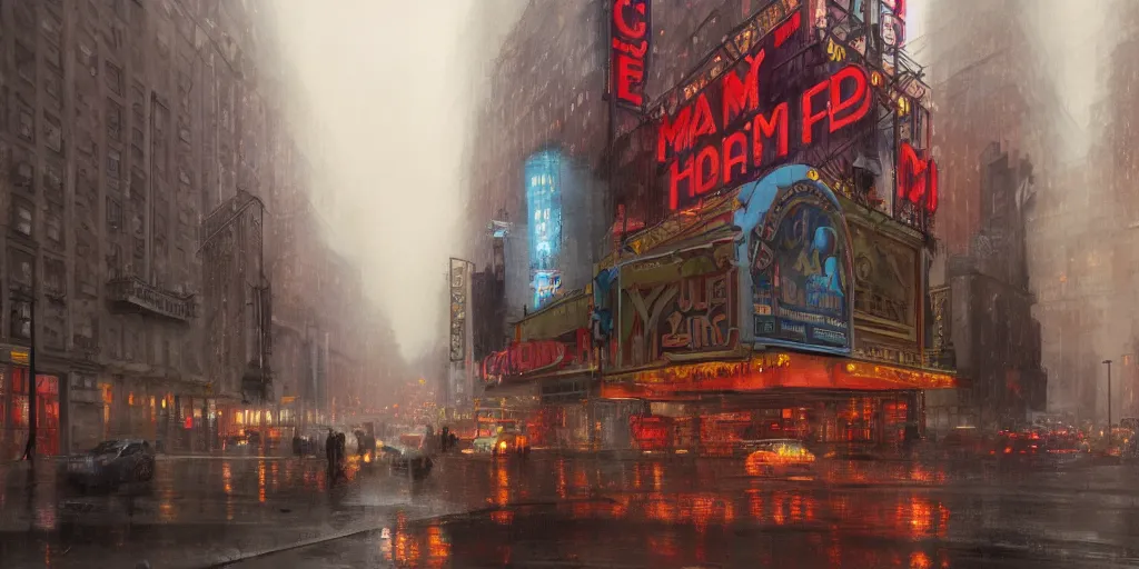 Prompt: an old cinema, new york, rainy day, matte painting, marc simonetti, artstation