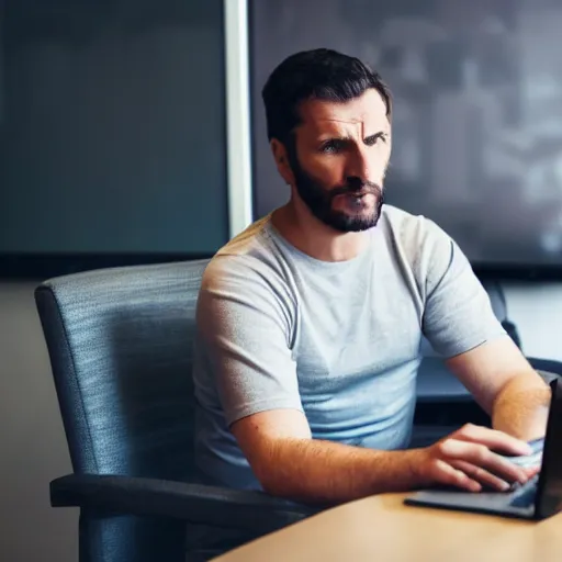 Prompt: annoyed man waiting for a friend in front of a computer