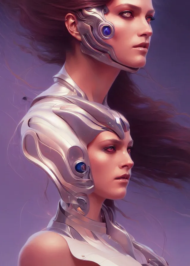 Image similar to futuristic woman portrait, sci-fi, amber eyes, face, long hair, fantasy, intricate, elegant, highly detailed, digital painting, artstation, concept art, smooth, sharp focus, illustration, art by artgerm and greg rutkowski and alphonse mucha