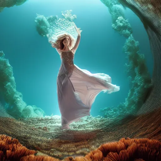 Prompt: woman dancing underwater wearing a long flowing dress made of many layers of gold and silver ice, coral sea bottom, swirling schools of silver fish, swirling smoke shapes, octane render, caustics lighting from above, cinematic, hyperdetailed