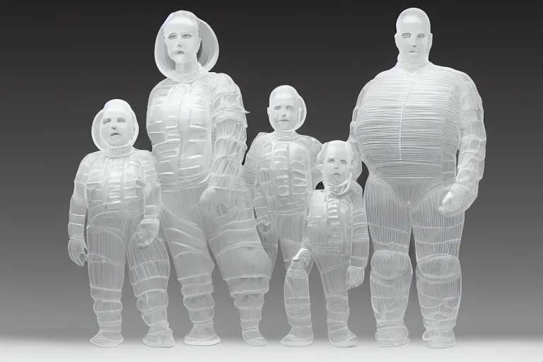 Prompt: translucent glass sculpture by Stanisław Szukalski of the Bibendum family portrait, Michelin Man! family portrait, luminescence, studio lighting, product photography, while marble, figurine, unreal engine, cryengine, ambient occlusion