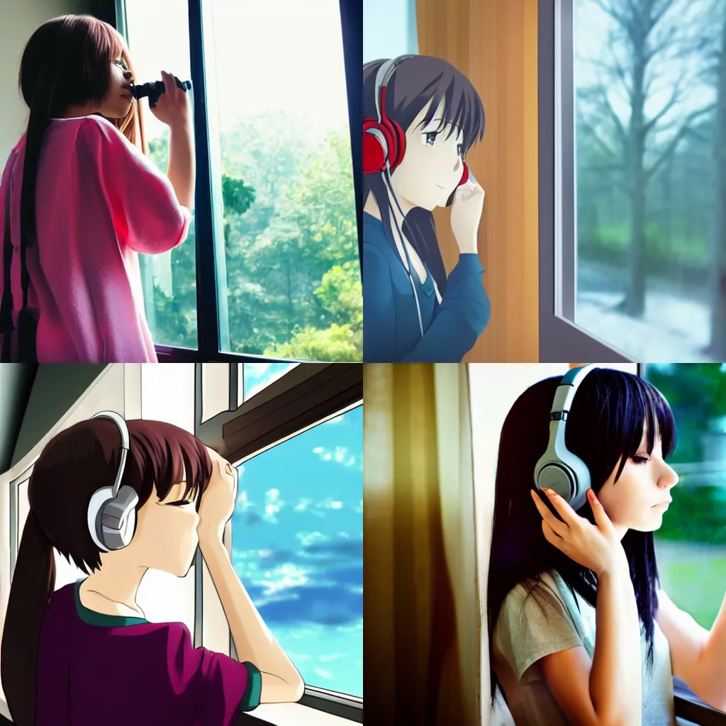 Prompt: anime girl listening to music while looking out the window melancholically