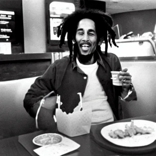 Prompt: Bob Marley eating a hamburger in McDonalds,4k quality