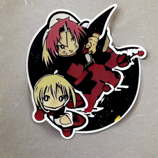 Image similar to die cut sticker, full metal alchemist al and alphons, splatter paint