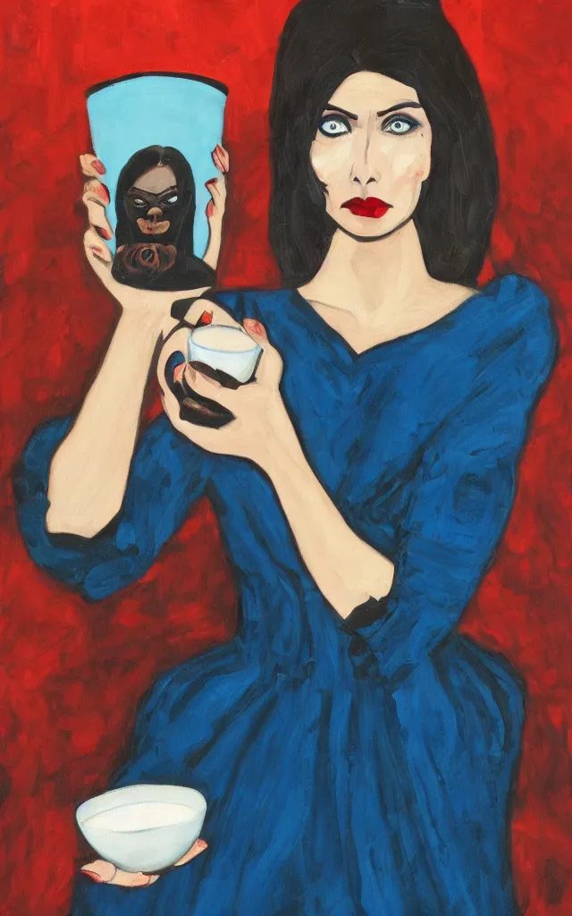 Image similar to painting of the dark - souled but beautiful princess of coffee, dark hair, blue eyes, black dress, teenager, dark eye shadow, red lips, holding a large cup of coffee.