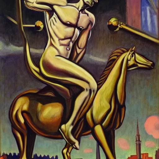 Prompt: nicolas cage as triumphant sweaty muscular centaur with a halo, dystopian, pj crook, edward hopper, oil on canvas