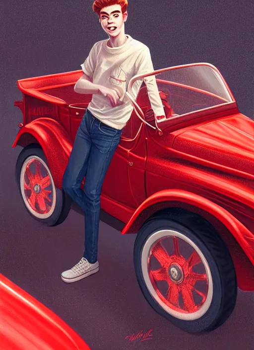 Image similar to teenage archie andrews, in a red ford model t, intricate, elegant, glowing lights, highly detailed, digital painting, artstation, sharp focus, illustration, art by wlop, mars ravelo and greg rutkowski