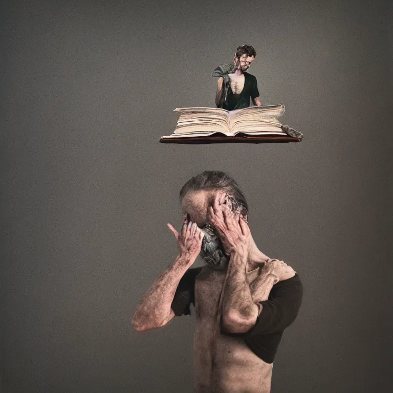 Image similar to realistic exposed expired fuji film portrait of a man holding up a codex seraphinianus, hyperrealism, hypermaximalism, photorealistic, detailed, atmospheric, 8 k, award winning photography, cinematic