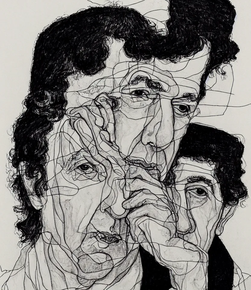 Image similar to line art portrait of leonard cohen inspired by egon schiele. contour lines, twirls and curves, musicality, rapid sketch