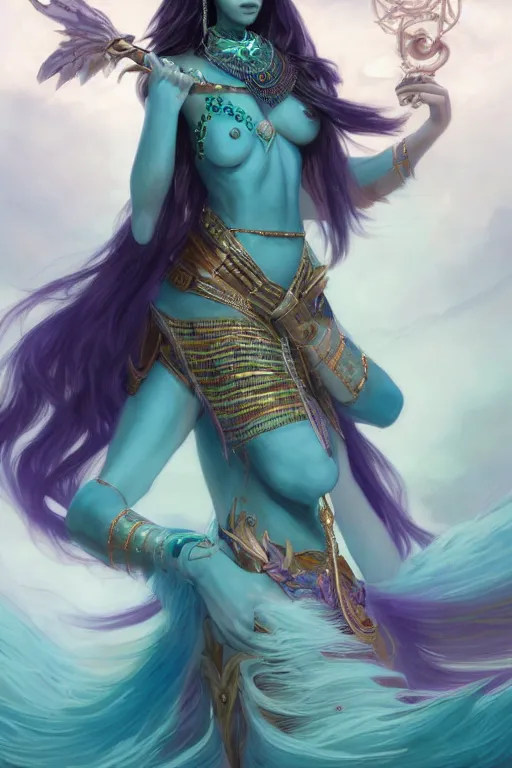 Image similar to beautiful sorceress female with teal colored skin, full body shot, long hair made of kelp, egyptian clothing, carrying a crystal stuff, d & d, fantasy, intricate, elegant, highly detailed, digital painting, artstation, concept art, matte, sharp focus, illustration, hearthstone, art by artgerm and greg rutkowski and alphonse mucha