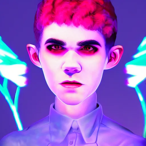 Image similar to grimes onstage, volumetric neon lights in the background, gleaming, 3 5 mm photography, portrait!!!!!!, trending on artstation, 4 k, 8 k, zbrush, mannerism