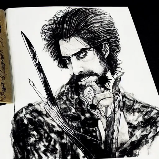 Image similar to black and white pen and ink!!!! rugged royal geotic!! Frank Zappa x Ryan Gosling golden!!!! Vagabond!!!! floating magic swordsman!!!! glides through a beautiful!!!!!!! battlefield dramatic esoteric!!!!!! pen and ink!!!!! illustrated in high detail!!!!!!!! by Junji Ito and Hiroya Oku!!!!!!!!! graphic novel published on 2049 award winning!!!! full body portrait!!!!! action exposition manga panel black and white Shonen Jump issue by David Lynch beautiful line art