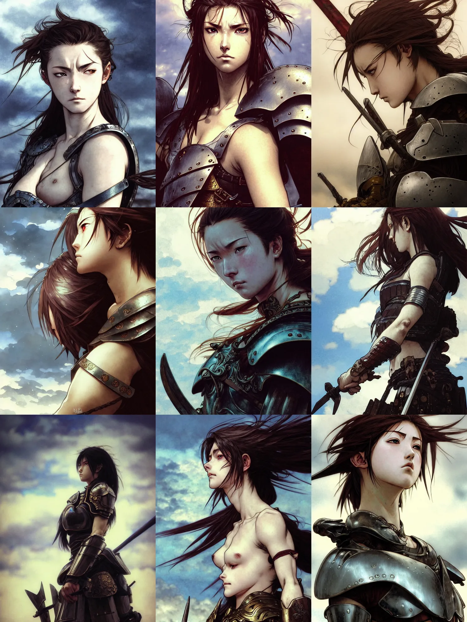 Prompt: close up picture of a female warrior looking at the sky, sad, rugged, black plate armor, simple, pale skin, messy hair, highly detailed, detailed face, smooth, sharp focus, chiaroscuro, manga illustration, takehiko inoue, artgerm, greg rutkowski, alphonse mucha, young adult light novel cover art