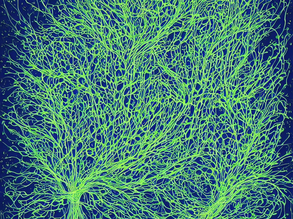 Prompt: A digital art painting of internal lymphocyte virion singular symmetric mushroom synaptic fractality fungus transmission embryonic glial neurons rhizomorphic like slime mold, sentient nerve cells microscopic plankton glowing neuronal brain cell synapse. A ultradetailed painting of a big mushroom by Dan Mumford, Ted Nasmit, rossdraws, beeple