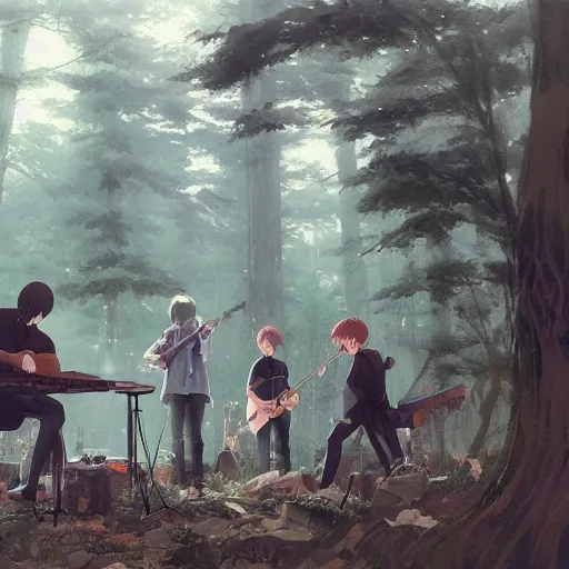 Prompt: emo band playing music performing in the woods, hyperrealistic, trending on pixiv fanbox, painted by greg rutkowski makoto shinkai takashi takeuchi studio ghibli, akihiko yoshida