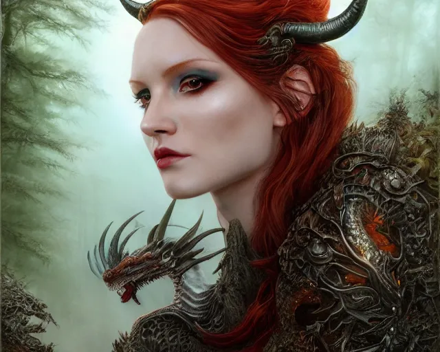 Prompt: 5 5 mm portrait of an armored gorgeous anesthetic redhead woman with a face tattoo and horns growing from her head, and small dragon sitting on her shoulder in a magical forest in the style of stefan kostic, art by luis royo. highly detailed 8 k. intricate. lifelike. soft light. nikon d 8 5 0. cinematic post - processing