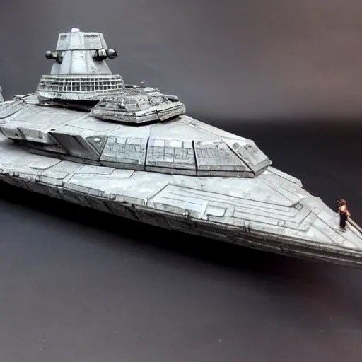 Image similar to a Star Wars imperial destroyer, huge, lot of details, greebles and nurnies and activity lights, symmetrical, realistic