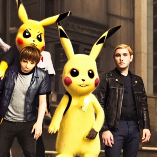 Image similar to a film still of my chemical romance in detective pikachu