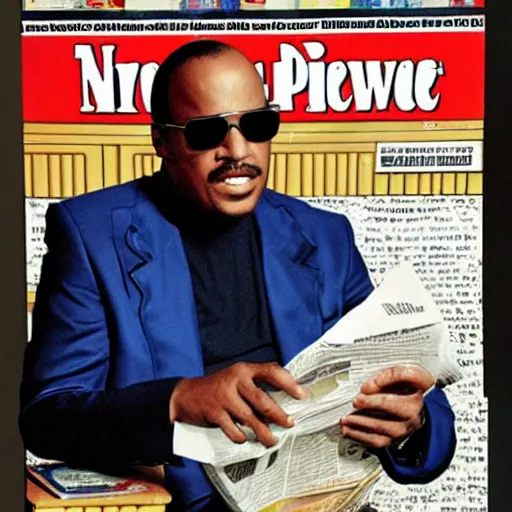 Image similar to Stevie wonder reading the newspaper looking intrigued, cover magazine, photo