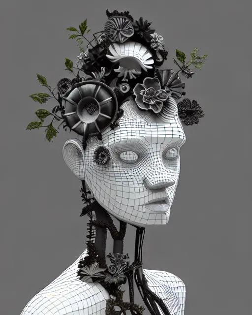 Image similar to monochrome 3 d model, 1 9 3 0 picture, floral steampunk biomechanical beautiful young female cyborg with porcelain profile face and a techno eye, volumetric light, leaves foliage and stems, hibiscus flowers, boho vines, sinuous fine roots, fine foliage lace, alexander mcqueen, rim light, big gothic fashion pearl embroidered collar, octane render, 8 k