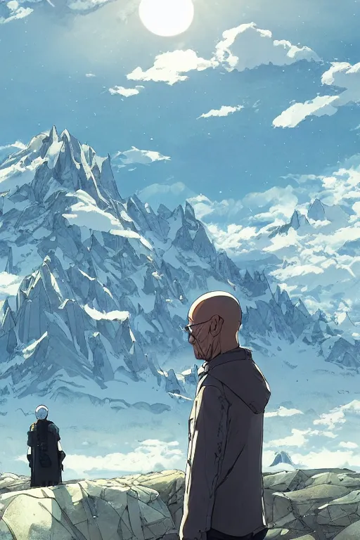 Prompt: walter white enjoying the look of a majestic crystal on a mountain, high intricate details, rule of thirds, golden ratio, cinematic light, 8 k, octane render, anime style, graphic novel by fiona staples and dustin nguyen, art by beaststars and orange, peter elson, alan bean, studio ghibli, makoto shinkai