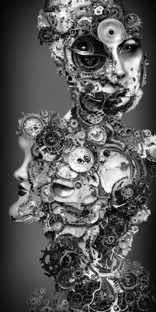 Image similar to black and white dreamy foggy smoky profile face portrait, one silver steampunk eye biomechanical beautiful young female - cyborg - robot bust, body ribs meshes,, volumetric light, hibiscus flowers, rim light, by dora maar and cecile beaton, big gothic fashion pearl embroidered collar, 8 k