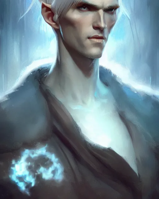 Prompt: character portrait of a slender young half elven man with white hair, piercing bright blue eyes, and pale blue skin, by greg rutkowski, mark brookes, jim burns, tom bagshaw, trending on artstation