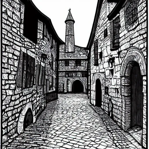 Image similar to a medieval town street, line art, black and white, illustration