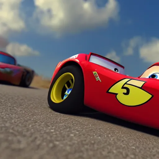 Prompt: lightning mcqueen after a fatal car accidend. rendered in 4 k with presto animation software.