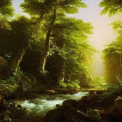 Image similar to There is a stream flowing through a peaceful forest. The sun shines through the trees, dappling the ground with light. The stream babbles gently. An oil painting by Thomas Cole