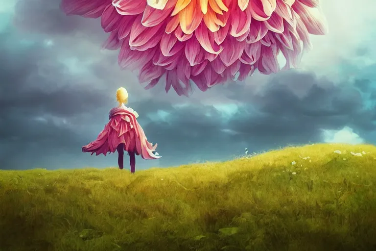 Image similar to closeup giant dahlia flower as head, girl standing on mountain, surreal photography, blue storm clouds, dramatic light, impressionist painting, digital painting, artstation, simon stalenhag