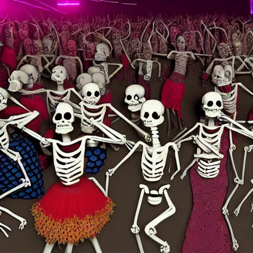 Image similar to photo, a giant crowd of realistic anatomically correct claymation skeletons dancing sensually with a giant crowd of beautiful multiethnic women wearing rococo gowns inside a colorful futuristic night club, colorful dramatic unique lighting