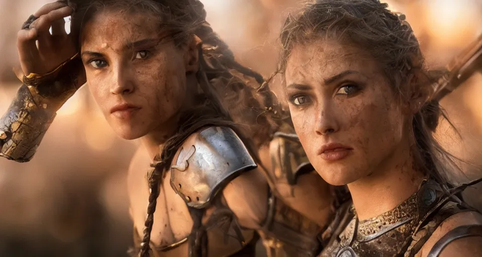 Image similar to close - up photo of a beautiful warrior princess in a battle scene, shallow depth of field, photorealistic, cinematic lighting, warm colours, dusk