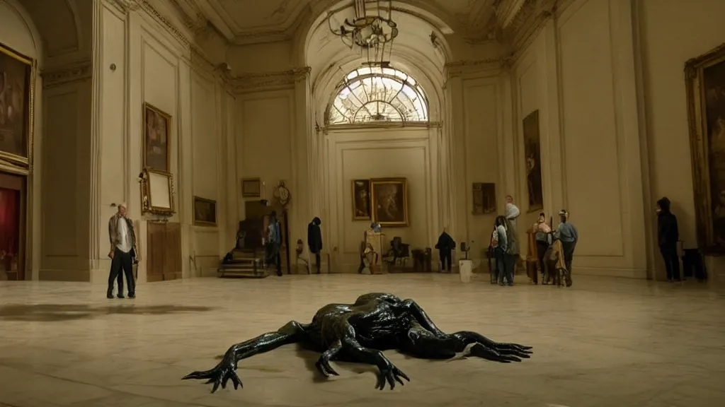 Image similar to the strange creature in city hall, made of wax and water, film still from the movie directed by Denis Villeneuve with art direction by Salvador Dalí, wide lens