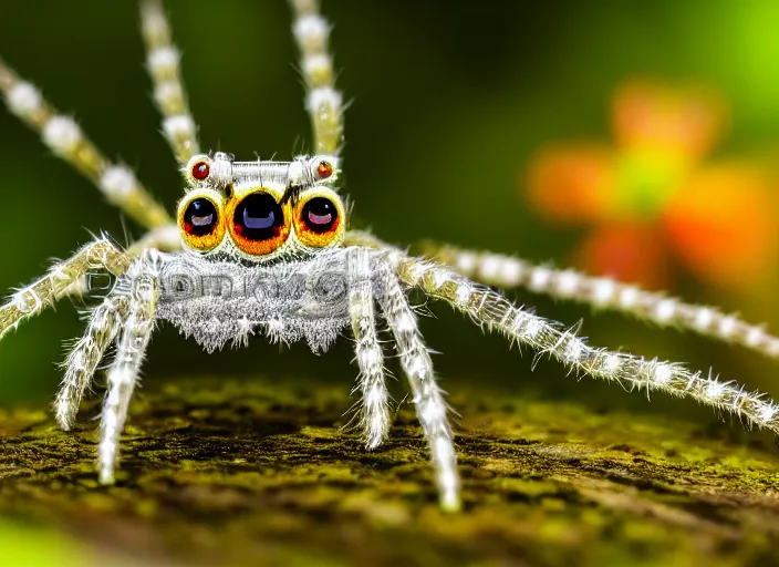 Prompt: super macro of a crystal spider with big eyes sitting on a flower, in the forest. Fantasy magic style. Highly detailed 8k. Intricate. Nikon d850 300mm. Award winning photography.