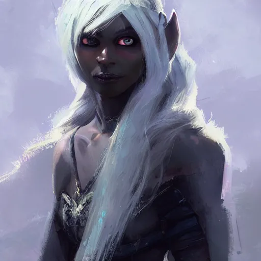 Image similar to closeup portrait of a drow elf, dungeons and dragons character, castle background, gorgeous view, realistic, high detail, digital art, painted by greg rutkowski, painted by jeremy mann, trending on artstation