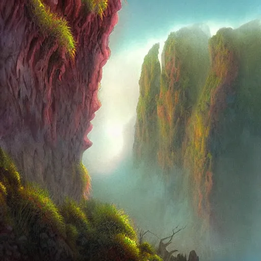 Image similar to digital painting of a lush foggy natural scene on an alien planet by gerald brom. digital render. detailed. beautiful landscape. colourful weird vegetation. cliffs and water.